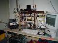 The shack at contest time, many improvements made since then. Rig used was the ICOM 706 that is in there somewhere.