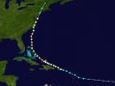 Hurricane Irene's track. The blue triangles represent a tropical depression, the turquoise circles represent a tropical storm. the beige circles represent a Category 1 hurricane, the yellow circles represent a Category 2 hurricane and the orange circles represent a Category 3 hurricane. [Map courtesy of the National Weather Service]