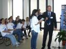 A student at IRSEA in Bisceglie, Italy, prepares to pose her question to ISS astronaut Doug Wheelock. [ARISS-EU photo]