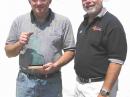 Mike Koss, W9SU (left), receives the IRCC Technical Excellence Award in 2005 from Jack Parker, W8ISH. [Photo courtesy of the ARRL Indiana Section]