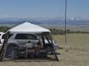 Bill, KB2BRD/0, and Ileana, KD0JZT, operate with solar power and a view of the remaining snow on the ridges around South Park Basin.