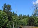 Antenna stack for Field Day 2011. At the top of the stack is a Comet GP-95, directly below is a 2m/70cm loop that was modified in an attempt to get on 6m, and coming off the top of the stack is a T2FD multiband cut for 40m. Also present but not visible is a G5RV at about 60 feet. 