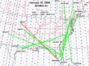 Map plotting E-skip paths on 6 Meters Saturday afternoon in the contest.