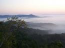 Fog fills in the river valley early Sunday morning as we're breaking camp around sunrise.