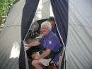 Joan, KI4FYN, operates VHF SSB with her new Tech Ticket, Paul, AA8O is helping.