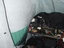 I had to move my chair away from the wet side of the tent.  The jacket covering the radios was needed to try to keep the rain off.  This was after the rain made it's way to the FT-736R