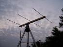Here is the same antenna that is mounted to a telescope tripod and resting on the top of the roof of my car at 6 AM on Sunday morning.  It is pointed southwest towards Maryland and Virginia where all the signals were coming in on Two Meters and 432 MHz.