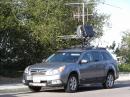 This Subaru Outback attracted a lot of attention with its collection of antennas for 10 bands.  The black box houses transverters for 902 through 10368 MHz.  Yes, this whole rooftop assembly could be rotated--and even driven at freeway speeds.