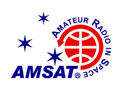 Radio Amateur Satellite Corporation, AMSAT, logo; blue text with a red graphical globe