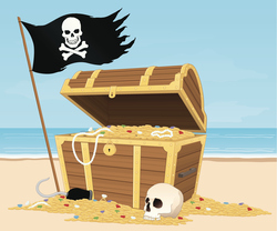 An illustration of a treasure chest on a beach.