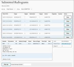 The list of submitted Radiograms. Registered Radiogrammers (traffic handlers) log in to this page from time to time to see submitted messages, with the option to pick any of them up for origination.