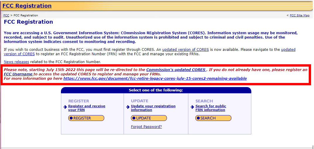 FCC Legacy CORES System to be Retired