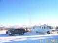 The KL7AA mobile communications center with a trailer mounted tri-bander on a 40 ft. crank-up mast.  The trailer also includes a 12kw diesel generator.