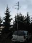 Stacked KB6KQ loops on 2M and 432, single on 6M. 21 element M2 432 yagi (2/3rds shown) proved a little too sharp for hand pointing and quick QSOs.  Mast travels at 13ft. and  easilty pushes up to 17ft.