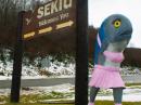 The Sekiu mascot greets all visitors at the Highway 112 turn-off toward the town, which is nestled in a scenic bay. [Barry Hansen, K7BWH, photo] 