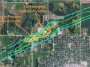 Close up of the tornado path through northwest Creston on April 14. The light blue contour denotes EF0 damage, green denotes EF1 damage and yellow represents EF2 damage. This tornado formed about one and a half miles east of Cromwell at 6:55pm and quickly tracked into northwest Creston around 7 PM. EF2 damage occurred to the Greater Regional Medical Center and the Southwestern Community College campus. Surrounding apartments and homes also sustained severe damage and many cars were flipped or destroyed. The tornado continued tracking to the northeast and damaged several farmsteads northeast of Creston before dissipating about 10 miles northeast of town at approximately 7:15 PM. [Photo courtesy of the National Weather Service in Des Moines, Iowa]
