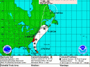 This graphic shows an approximate representation of coastal areas under a hurricane warning (red), hurricane watch (pink), tropical storm warning (blue) and tropical storm watch (yellow). The orange circle indicates the current position of the center of the tropical cyclone. The black line, when selected, and dots show the National Hurricane Center (NHC) forecast track of the center at the times indicated. The dot indicating the forecast center location will be black if the cyclone is forecast to be tropical and will be white with a black outline if the cyclone is forecast to be extratropical. If only an L is displayed, then the system is forecast to be a remnant low. The letter inside the dot indicates the NHC's forecast intensity for that time (D = Tropical Depression, wind speed less than 39 MPH; S = Tropical Storm, wind speed between 39 MPH and 73 MPH; H = Hurricane, wind speed between 74 MPH and 110 MPH, and M = Major Hurricane, wind speed greater than 110 MPH). [Graphic courtesy of NHC]