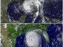 This combination of National Oceanographic and Atmospheric Administration (NOAA) satellite images shows Tropical Storm Isaac (now Hurricane Isaac) (top) on August 27, 2012 and Hurricane Katrina (bottom) on August 28, 2005.