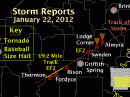 Significant storm reports in Arkansas included a confirmed EF2 tornado  that tracked 19.2 miles between Thornton (Calhoun County) and Rison (Cleveland County) during the evening of January 22. Other EF2 damage was found in the Sweden (Jefferson County) community. Tornadoes and baseball size hail were reported in other parts of Southern and Eastern Arkansas. [Photo courtesy of the Little Rock NWS office]