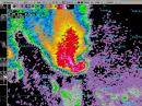The National Weather Service's Doppler radar caught an image of the Weld County tornado at 11:44 AM MDT on May 22, 2008. [Image courtesy of the National Weather Service]
