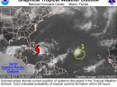 This image, taken early Sunday afternoon, shows Ike's proximity to land. The area marked by the yellow circle is Tropical Storm Josephine, located about 1100 miles west of the Cape Verde Islands.  According to NWS personnel, this is currently poorly organized, and the system will be closely monitored for signs of regeneration. [Map courtesy of National Weather Service]