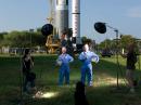 Owen (left) and Richard pose for publicity photos in the Rocket Garden at the Johnson Space Center. [Andrew Yates, Photo]