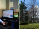 (Left photo) ARRL CEO David Minster, NA2AA, (left) looks on as Elecraft Co-founder Eric Swartz, WA6HHQ, tunes the newly donated K4D/KPA1500 station in Studio 3 at W1AW. (Right photo) Eric Swartz, WA6HHQ, stands beneath the iconic W1AW pediment at the Hiram Percy Maxim Memorial Station. [Gregory Sulla, KC1YNI, photos]