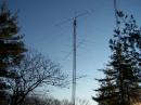 This is the new 70 ft tower with the three homebrew 5 element yagis installed and in use on Sunday morning. Only the top one can rotate. It sure would be nice to have all three turn, but that will happen later as I get more time and resources lined up.