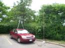 This is my standard setup for my QRP portable operation;  three-element MFJ Six Meter Yagi in an umbrella stand, three-element MFJ Two Meter Yagi (also used on 432 MHz) on a tripod on the roof of the car and a 1/4 wave vertical mag mount for 220 MHz on the roof of the car as well.
