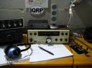 SKN equipment: Ten Tec Argonaut 509 running 5W to an inverted vee; Lionel J-38 straight key.  (Also pictured: Sitting atop the Argonaut is a Rock-Mite QRPp xcvr; at left, antenna tuner and my "main" rig, a Yaesu FT-840.)