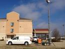 In this photo the tower is about halfway up at a Holiday Inn Express in the East Texas town of Center (that's the name of the town). It turned out that having antennas high enough to clear local obstructions was a huge advantage.
