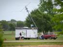 HOTARC's emergency communications trailer is equipped with a crank-up mast. On it we mount a rotatable tri-band yagi and a fan dipole for HF communications.