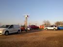 Here's N6NB's tower trailer, fully nested, during a visit by rovers K6FVG (in the Lexus), W6TE (in the red truck), N6HB and K9JK (in the white van, partially hidden), N6VI (in the 4-Runner) and W6TTF/WA6WTF (in the FJ Cruiser).  The rovers rescued me by freeing my frozen rotator, then drove away.  I later worked them on all of the microwave bands through 10 GHz over distances of up to 150 miles, thanks to very good "valley tropo" in California's central valley. 