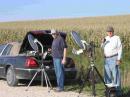 Set up in W. Waukon, IA EN43EF. WB0LJC on the left and KC0P
on the right in front of the Iowa tall corn. Now 5:30 PM
and we have been going since before 8 AM.