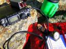 Solar panel keeps 7AH SLA-battery ahead of FT-817 blistering 5-watts, with Palm paddles and lots of caffeine.