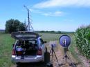 Working KM0T (EN13vc) from EN44ad at 362 km. The dish on the far right is 6 watts on 10GHz, the middle dish is 2 watts on 5.7 GHz.  These two systems share the same 2m IF rig that is mounted on the 10 GHz tripod along with a A/B coax switch to switch between the two.  Note the BIG corn.