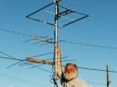 The KK6MC/r antenna stack consists of a 432 MHz SDR loop, a homemade 6M square halo, and 3 element WA5VJB Yagis for 2M and 432 MHz. Antennas are in traveling position. They can go up another 4 ft or so when stopped.