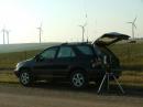 W0JT/R in EN14ub on Sunday morning, in front of some wind power generators on the Buffalo Ridge.