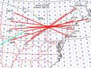 Map showing the Sunday morning 6 Meter Es opening. Es contacts are in red and the Es cloud can be clearly seen located over FN03. My meteor scatter QSO with W9RM is shown in green.