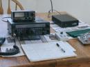 Operating position with FT-847, SWR meter, CW keyer and paddles