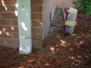 Feedpoint for the gutter using an SGC-237 inside a plastic container. The downspout is roughly in the center of the gutter and thus it is like a vertical with a BIG capacity hat as far as feedpoint reactance.