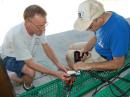 Bob WB8ATZ (Left) and John AA8UU (Right) soldering an antenna together. John built several antennas and they were strung all over the field day site.