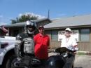 Our ARES DEC, Mark Mireles, AD5CA, in full riding gear ready to head back to Corpus Christi.  KE5MBA and WB5IZD admiring Mark's ride.