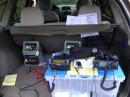 WD9EWK's Field Day station - IC-2720H 2m/70cm FM mobile transceiver, IC-703 HF/6m transceiver, both operating at 5W, with two 12V/20Ah jumpstart battery packs to power everything
