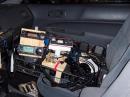 A passenger seat full of radios and wires: 222 (10m IF to a transverter), 432, 902-3456. 5GHz & 10GHz are in the trunk.