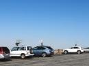 Eight rovers lined up together for this photo opportunity at a freeway vista point near Palmdale, Calif. From left, they are W6YLZ, N6MU, AF6O, W6TAI, W6XD, N6NB, KK6KK (+KG6TOA) and W6TE (+K6MI).