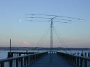 Does it get any better than this?  Moonrise over Mt. Rainier with the phone station yagi on the dock over salt water. (N0AX photo)