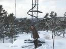 My host Sture, OH0JFP digging out the base of his rotary tower with large VHF antennas and a small HF tribander on top.