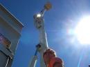 Nice view of fully raised boom. Sudbury Hydro donated the use of the boom truck for the entire weekend. Boom was left raised with ropes/pulleys to allow raising of 80M and 160M dipoles. Excellent way to put up dipoles....