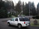 K7MDL Rover Rig on the launch pad in CN87.  Stacked KB6KQ loops on 2M and 432, single KB6KQ loops on 6M and 222.  Stacked homebrew 1296 big wheels under the 222 loop.  13ft. total height, 17ft. raised.